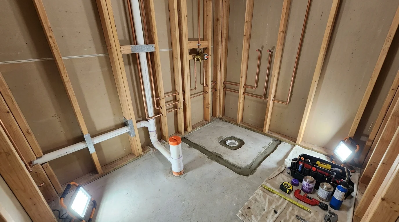 Bathroom rough-in plumbing during remodel by Johns Plumbing LLC in Seeley Lake