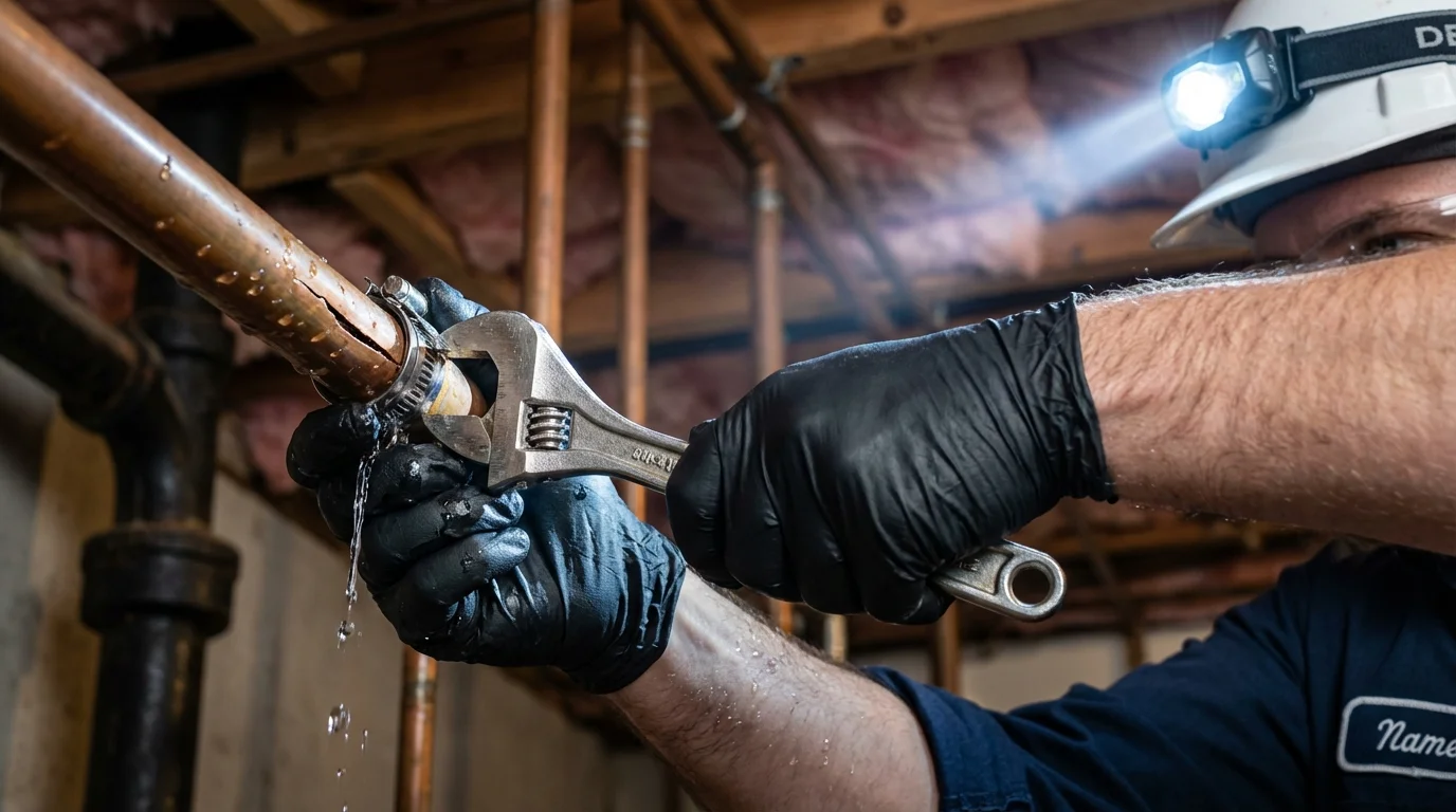 Emergency pipe clamp repair being performed by a Johns Plumbing LLC plumber in Seeley Lake