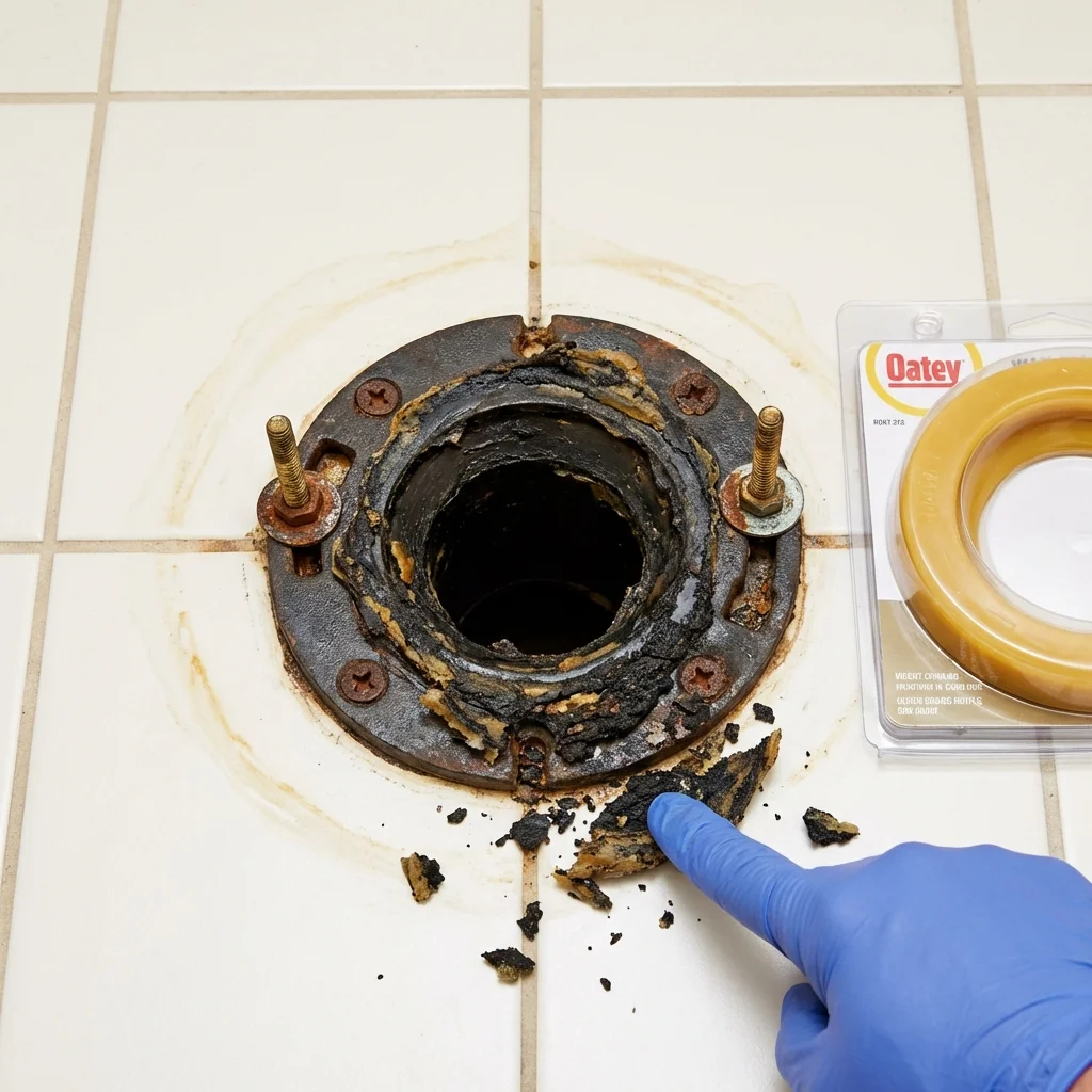 Failed wax ring showing water seepage at the base of a toilet in a Seeley Lake, MT home
