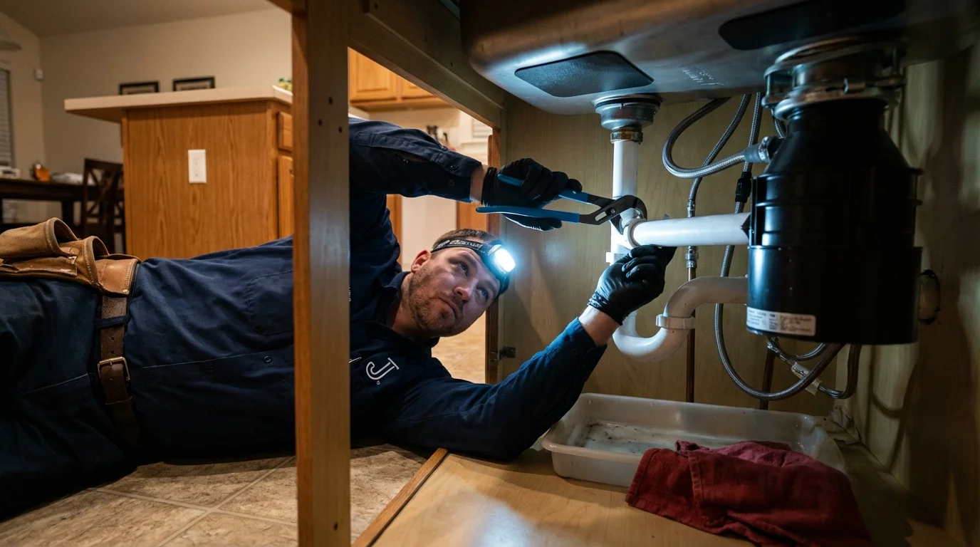 P-trap and supply line connections under a kitchen sink showing a common leak point in Seeley Lake, MT